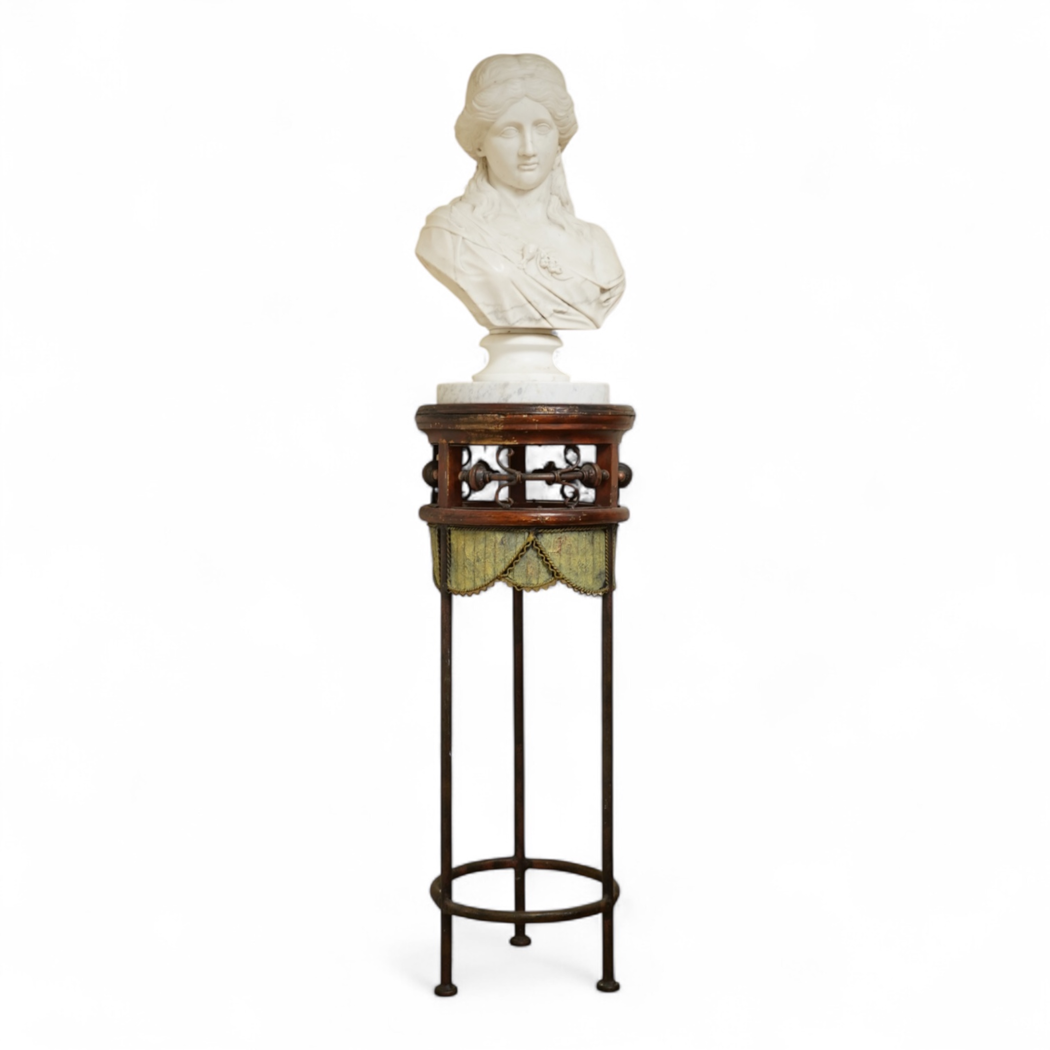 A Victorian style carved marble bust and later pedestal on ornate stand